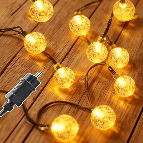 Meision LED Lichterkette Außen 10M, Kugel Kristallkugeln Lichterkette Innen mit Stecker + 8 Modi + Timer + IP44, Lichterketten Weihnachtsbaum für Garten Balkon Weihnachten, Warmweiß