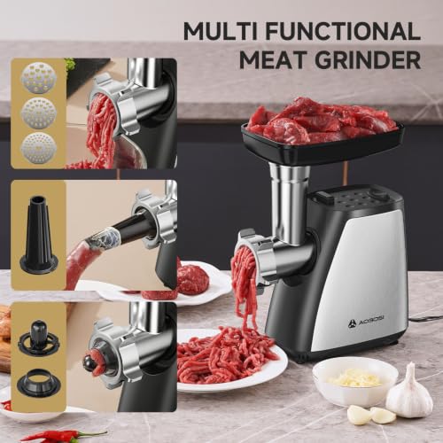 Image of AOBOSI Meat Grinder Electric 2800W Max, 3-in-1 Stainless Steel, Sausage Stuffer & Kibbe, 3 Plates 2 Blades, Heavy Duty for Home Kitchen