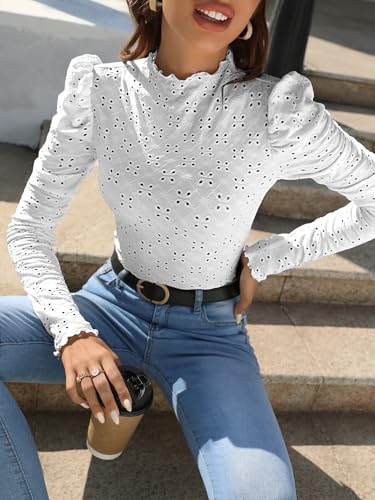 Image of Sugathari Girl's & Women's Spring /Summer Slim Fit High Neck T-Shirt with Stand Collar, Cap Sleeves and Eyelet Embroidery Frill Trim Tee Textured Sheer Fabric (T-Shirts 194 $P)