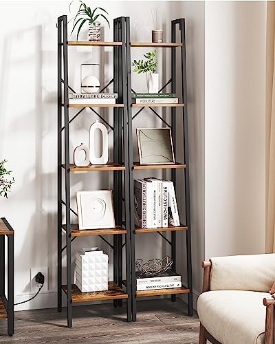 Hzuaneri 5-Tier Ladder Shelf, Narrow Bookshelf, Corner Storage Shelves, Freestanding Bookcase With 2 Hooks For Home Office, Living Room, Kitchen, Bedroom, Industrial, Rustic Brown And Black Bc03201B #TOP3