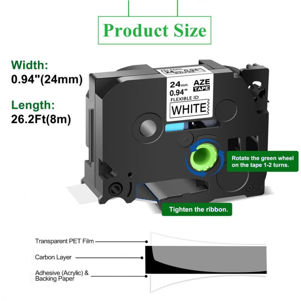 Nastro per etichette da 5 pezzi da 24 mm compatibile con la cartuccia a cartuccia laminata con ID flessibile TZe-FX251 nero su bianco
