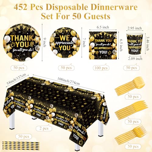Image of Funnymoom 452 Pcs Black Gold We Appreciate You Decoration for 50, Thank You Paper Plates Napkins Cups Tablecloth Set for Administrative Professional Day Employee Teacher Volunteer Appreciation Supply