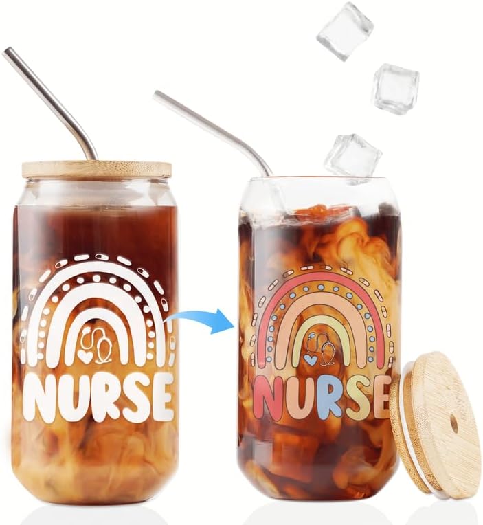 Onebttl Regalos para enfermeras para mujeres, vaso de 17 onzas que cambia de color helado con tapa de bambú y pajita, taza de café helado, perfecto