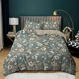 NUZIXINXW Bettbezug mit Blumenmuster, Queensize, grünes botanisches Bettbezug-Set, Bettbezug mit Gartenblumenblättern und Zweigen, weicher, atmungsaktiver Bettbezug, 8, AU Single (140 x 210 cm)