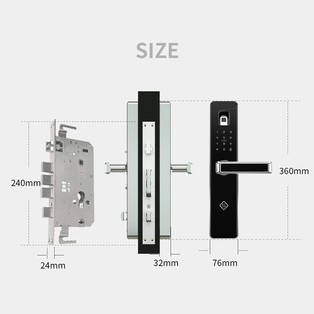 PINEWORLD Q303Plus സ്മാർട്ട് ഡോർ ലോക്ക് ഘടകങ്ങളുടെ അളവുകൾ കാണിക്കുന്ന ഡയഗ്രം, മോർട്ടൈസ്, ഹാൻഡിൽ, പ്രധാന പാനൽ എന്നിവയുൾപ്പെടെ.