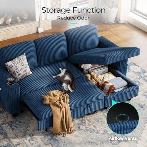 Image of LINSY HOME Sectional Sleeper Sofa with Pull Out Couch Bed Convertible Plush Corduroy Cloud Couch with Storage Chaise & USB Charging, Comfy L Shaped Modular Couches for Living Room Apartment (Blue)