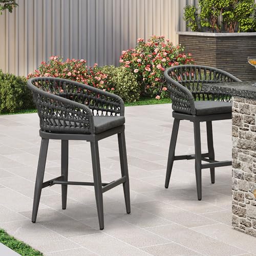 Image of PURPLE LEAF 24 inch Rattan Counter Stools Set of 4 All-Weather PE Rattan, Grey