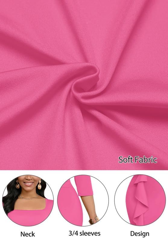 MarryUP Womens Work Dresses Elegant Square Neck 3/4 Sleeve High Waist Bodycon Ruffle Vintage Church Pencil Midi Dress