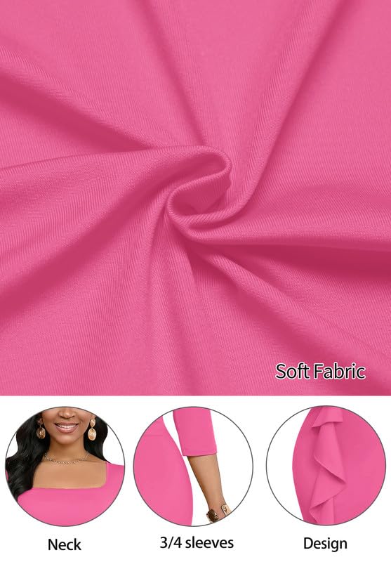 Image of MarryUP Womens Work Dresses Elegant Square Neck 3 /4 Sleeve High Waist Bodycon Ruffle Vintage Church Pencil Midi Dress