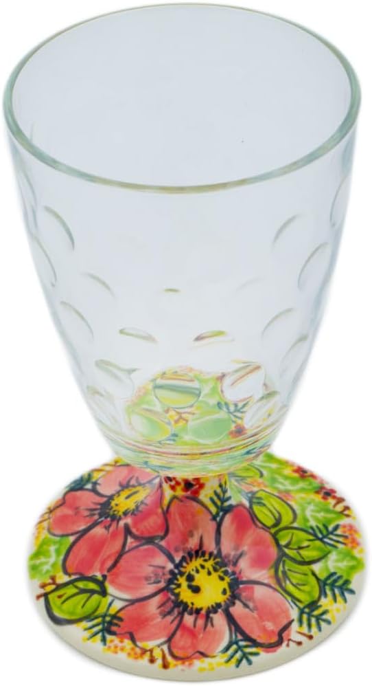 Polmedia Polish Pottery Wine Glass UNIKAT - Wild Peonies Pattern Handmade in Boleslawiec Poland + Certificate of Authenticity