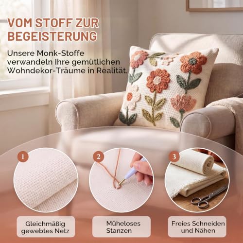 Stoff zum Sticken, 160 x 100 cm, Mönchstoff aus Baumwolle, beige – für Stickereien, Punch Needle & mehr – Bild 3