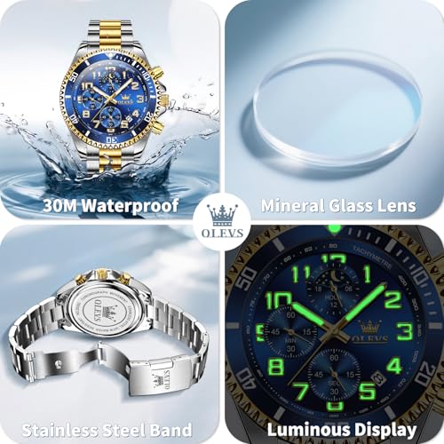 Image of OLEVS Watches for Men Stainless Steel Dress Men Watch with Date Big Face Chronograph Waterproof Luxury Fashion Watch Blue /Black /Gold /Green /Silver Face Relojes para Hombres