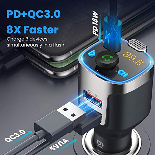 VicTsing 2021 V5.0 Bluetooth FM Transmitter for Car, 23W PD+QC3.0 Wireless Bluetooth FM Audio Adapter/Car Kit/Music Player with 3 USB Ports