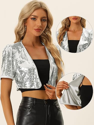 Allegra K Sequin Cardigan for Women's Puff Sleeve Open Front Jacket Sparkly Glitter Cropped Shrug Bolero2