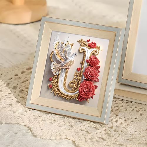 Image of AiYuanzsh 5D Diamond Art Kits for Adults Letter U, Unique Red Rose & Dove Alphabet Diamond Painting Kit, Luxury Special Shape Diamond Art for Adults DIY Crystal Rhinestones Craft Wall Decor 17x17cm