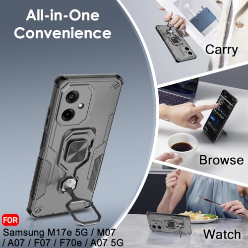 Image of TheGiftKart Tough Armor Bumper Back Case Cover for Samsung Galaxy M17e 5G / M07 / A07 / F07 / F70e / A07 5G | Ring Holder & Kickstand In-Built | 360 Degree Protection Back Case Cover (PC & TPU, Black)