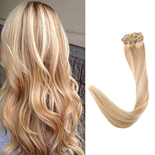 Fshine Clip in Hair Extensions Blonde Highlight 22Inch Natural Hair Clip in Extensions Double Weft Remy Hair Extensions Clip in Human Hair Light Blonde and Honey Blonde 100G 7Pcs Brazilian Clip ins