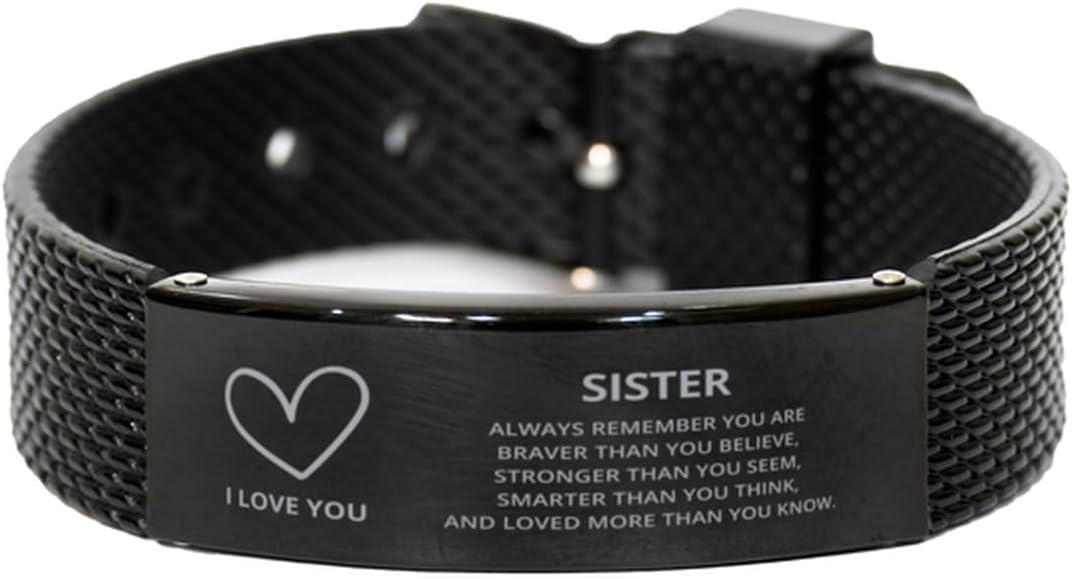 Sister Black Shark Mesh Bracelet, Always Remember You Are Braver Than You Believe, Graduation Birthday Christmas Gifts Engraved Bracelet Heart Jewelry Gifts For Men Women