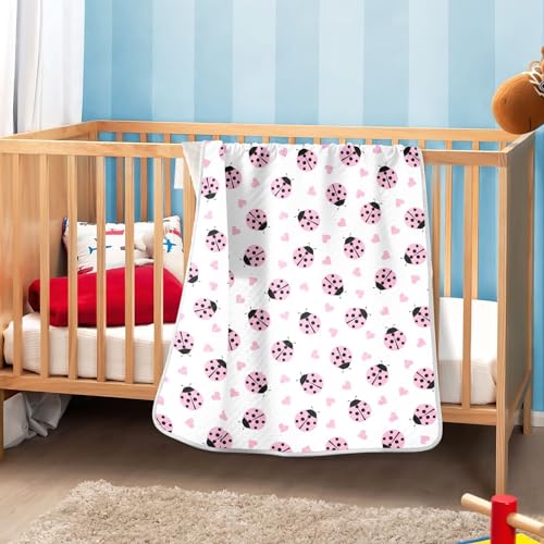 Image of Cute Ladybug Heart Pink Baby Swaddle Blanket for Boys and Girls, Muslin Baby Receiving Swaddle Blanket, Soft Cotton Nursery Swaddling Blankets for Newborn Toddler Infant