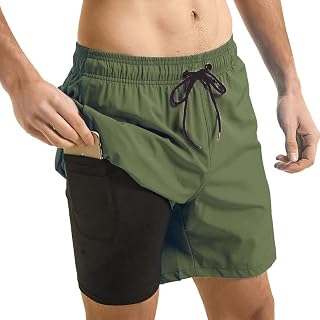 ECGK Mens Swim Trunks Swim Shorts for Men with Compression Liner Quick Dry 5 inch Inseam Beach Shorts with Zipper Pocket