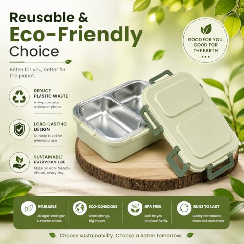 Image of Premium 2 Compartment Stainless Steel Lunch Box with Airtight Leakproof Lid | Durable Food Storage Bento Box with Secure Lock Clips (Grey Color)
