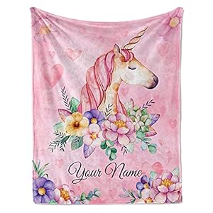 Jekeno Personalized Custom Unicorn Blanket with Name Gifts for Kids Girls Toddler Birthday Christmas Souvenir Home Bedroom Decor Soft Cozy Lightweight Floral Throw Blankets 50″x60″