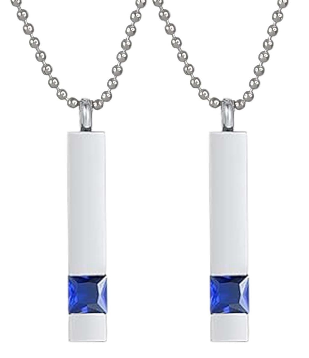 Utkarsh(Set Of 2 Pcs Unisex Silver 3D Vertical Bar Crystal Cremation Diamond/Nug Cuboid Stick Custom Name Memorial Pendant Locket URN Necklace With Ball Chain