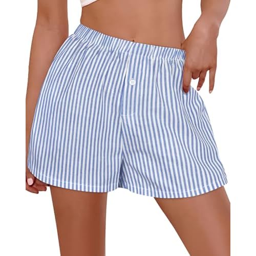 Boxer Shorts for Women Summer Gingham Pajama Casual Plaid Shorts Y2K Beach Bottoms with Pocket Small Blue Stripe