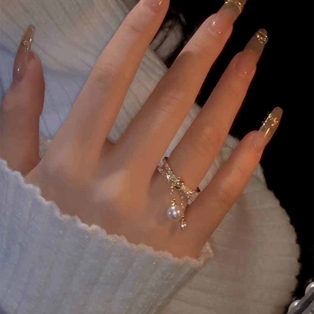 Anillo de cruz de perlas colgantes para mujer, circonita cúbica, ajustable, en capas, enhebrador, borla, anillos de compromiso chian, joyería delicada, regalos, Metal, Zirconia cúbica 4