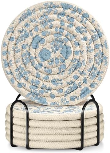 Drink Coasters Set of 6 - Cup Absorbent Coasters for Drinks Coffee Table Home Office Desk Decor Soft Woven Cotton Cloth Braided Fabric Drinking Cup Mat with Holder Cute Blue Flower Floral