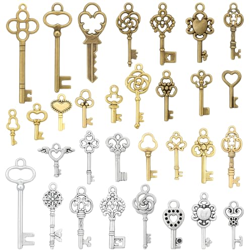 Juego de 62 piezas de llaves de esqueleto vintage, dijes para hacer joyas, estilo mixto, llaves falsas antiguas, colgantes de manualidades, regalos de boda, fiestas, collares, pulseras, aretes