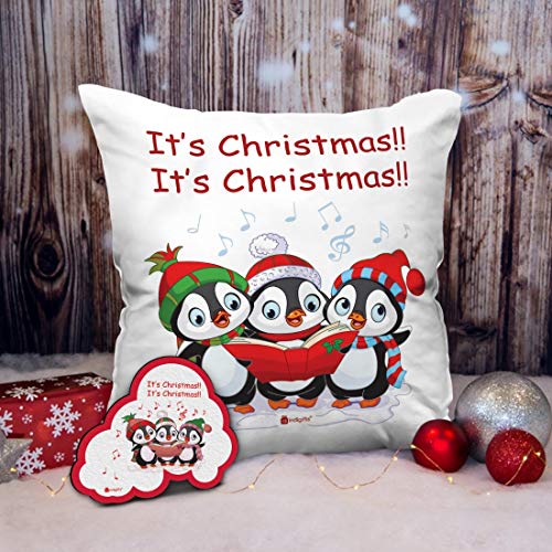 Image of Indigifts It's Christmas Printed Micro Satin and Fibre Cushion Cover with Filler (12x12-inch, White) & Magnet Combo Set