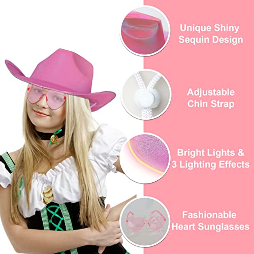 Quescu Light Up Cowboy Hat For Women, Men,Led Cowgirl Hat,Sparkly Space Cowboy Hats For Party,Halloween Costume Dress Up (B-Pink) #TOP4
