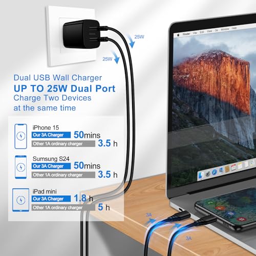 Samsung Charger Block 2 Port 25W Super Fast Charging Android Cable for Samsung Galaxy A15 A55 A35 A25 S24 Ultra A14 A54 A13 5G S23 iPhone 15 Pro Max 15, 60W 6FT USB C Cord Phone Wall Charger Adapter