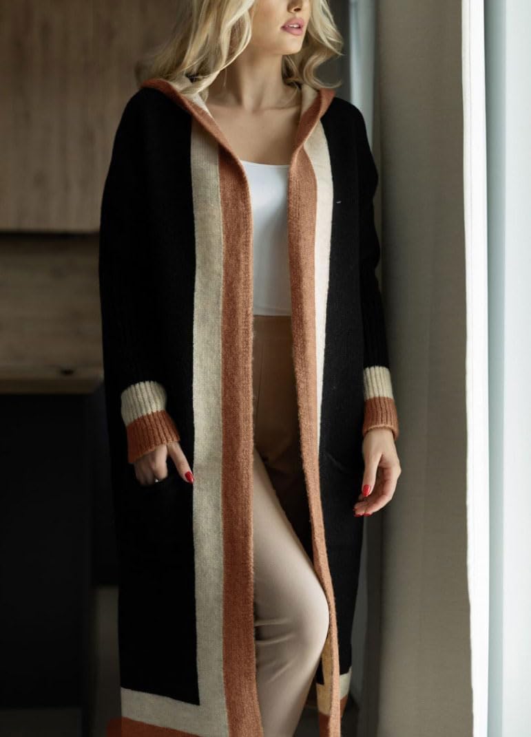 chouyatou Women's Color Block Vertical Striped Open Front Oversized Hooded Long Cardigan Sweaters with Pockets - Image 2