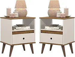 Conjunto kit 2 mesa de cabeceira retro pés palito -Ted- (Off White/Nature)