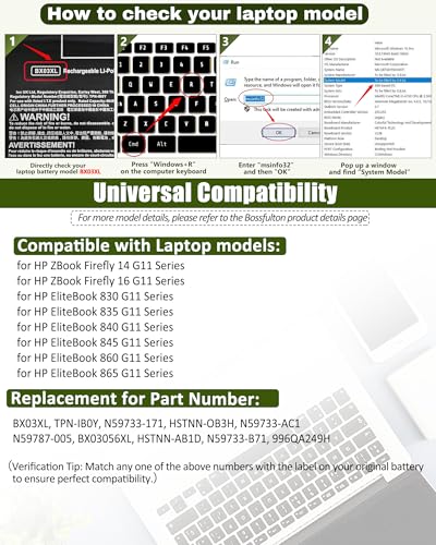 Image of 56.04Wh BX03XL Battery for HP EliteBook 830 835 840 845 860 865 G11 & ZBook Firefly 14 16 G11 Series Laptop - N59787-005 BX03056XL TPN-IB0Y HSTNN-OB3H N59733-AC1 - 4646mAh Replacement Battery