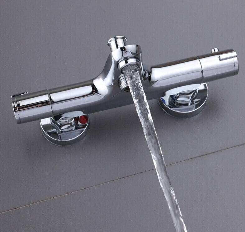 Grifo de bañera con termostato 20-50℃, mezclador de ducha de acero inoxidable con 2 salidas de agua, grifo de baño cromado, protección contra quemaduras con botón de seguridad de 38 °C