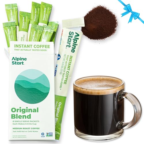 Alpine Start Instant Coffee Medium Roast Original Blend from High Altitude Arabica Beans, Enjoy Hot or Cold, Dairy Free, Soy Free (0.11 Oz) Pack of 8