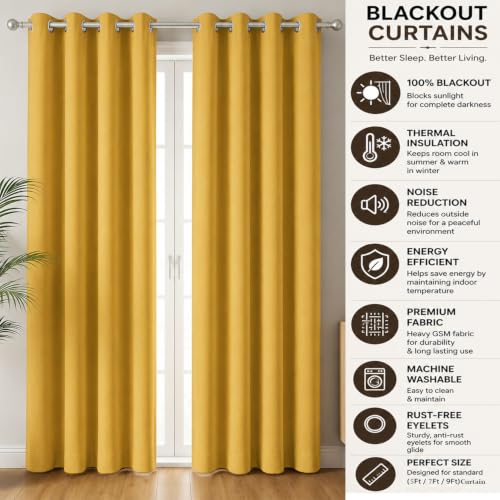 Image of 100% Blackout Window Curtains, 7 Feet, Solid Design, Faux Silk, Thermal Insulated, Noise Reducing Eyelet Door Curtain with Tie Back for Living Room & Bedroom, 115x210cm, Pack of 1 - Yellow