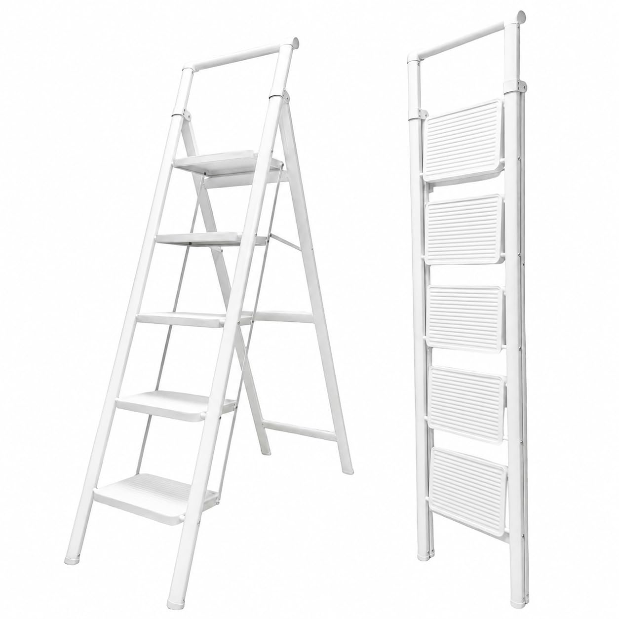 UZIRO Escalera Plegable 5 Peldaños, Liviana y Compacta, Diseño Decorativo, Peldaños Anchos Antideslizantes, Ideal para Uso en Hogar, Cocina y Oficina, Fácil de Guardar (Blanco, 5 Peldaños)