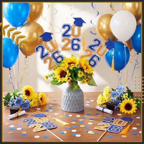 Image of 10 Pcs Graduation Table Centerpieces Sticks with Tassels, class of 2026 Grad Cap Picks Table Decoration Cupcake Toppers for Party Centerpiece Decoration Supplies(Blue and Gold)