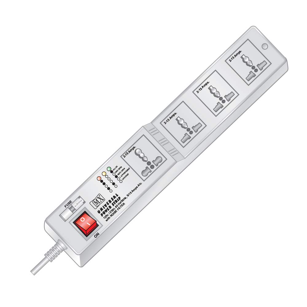 MX 4 Outlet Universal Power Strip Having Three - 5 Amp Sockets & One - 15 Amp Socket with Fuse Protection - Master Switch