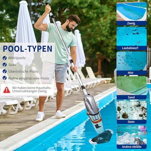 PoolyPoly 2025 Neue Poolsauger mit Akku, 80 Minuten Laufzeit Pool Bodensauger Handsauger Kabellos, Elektrisch Pool Staubsauger mit Teleskopstange, Poolreiniger für Spas, Whirlpools, Pools, Silber