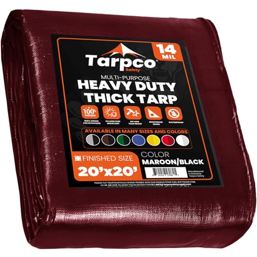 Image of Extra Heavy Duty 14 Mil Tarp Cover, Waterproof, UV Resistant, Rip and Tear Proof, Poly Tarpaulin with Reinforced Edges for Roof, Camping, Patio, Pool, Boat (Maroon /Black 20′ X 20′)