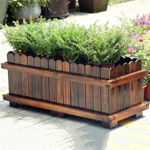 Cama de jardín elevada con patas, jardinera para plantar en balcón al aire libre, jardinera de madera con orificios de drenaje, canaleta de madera antiséptica carbonizada para flores,100*50*50cm