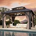 QZEN 10'x12' Hardtop Gazebo, Outdoor Double Roof Galvanized Steel Gazebo, Aluminum Frame Permanent Pavilion with Curtains & Netting for Backyard, Patio, Deck (10' x 12')