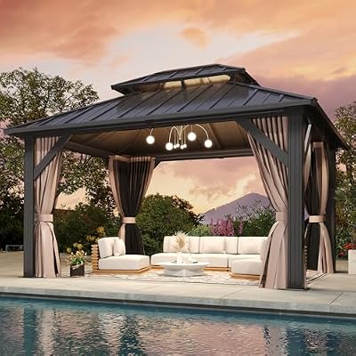 QZEN 10'x12' Hardtop Gazebo, Outdoor Double Roof Galvanized Steel Gazebo, Aluminum Frame Permanent Pavilion with Curtains & Netting for Backyard, Patio, Deck (10' x 12')