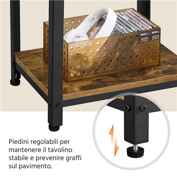 Yaheetech Tavolino da Caffè Vintage Stile Industriale Tavolino Lato a 3 Ripiani Comodino Porta Telefono in Legno e Metallo Tavolino d’Appoggio per Salotto Ingresso Ufficio