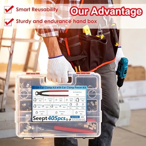 Image of 405Pcs 15-Sizes 304 Stainless Steel Single Ear Hose Clamps with Ear clamp plier 5.3-36.1mm Crimp Hose Clamps Assortment Kit for Auto /Home Appliance /Pipe /Fuel Line